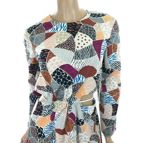 Edun NWT Dress Ecru Multi-Color Broken Tile Poplin Cotton Cut Outs at Waist - Picture 6 of 7